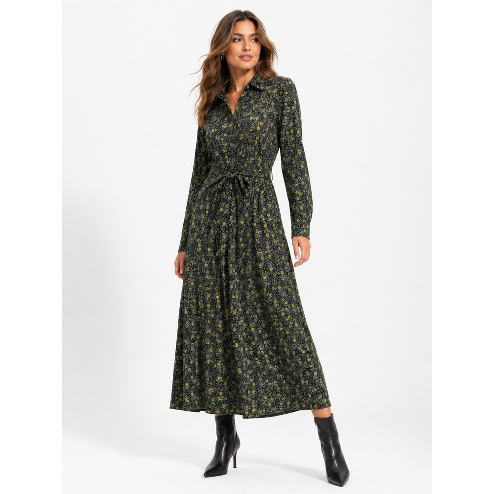 Wild Pony Crepe Midi‎ Shirt Dress Size M Sashay Floral Print Long Sleeve Belted